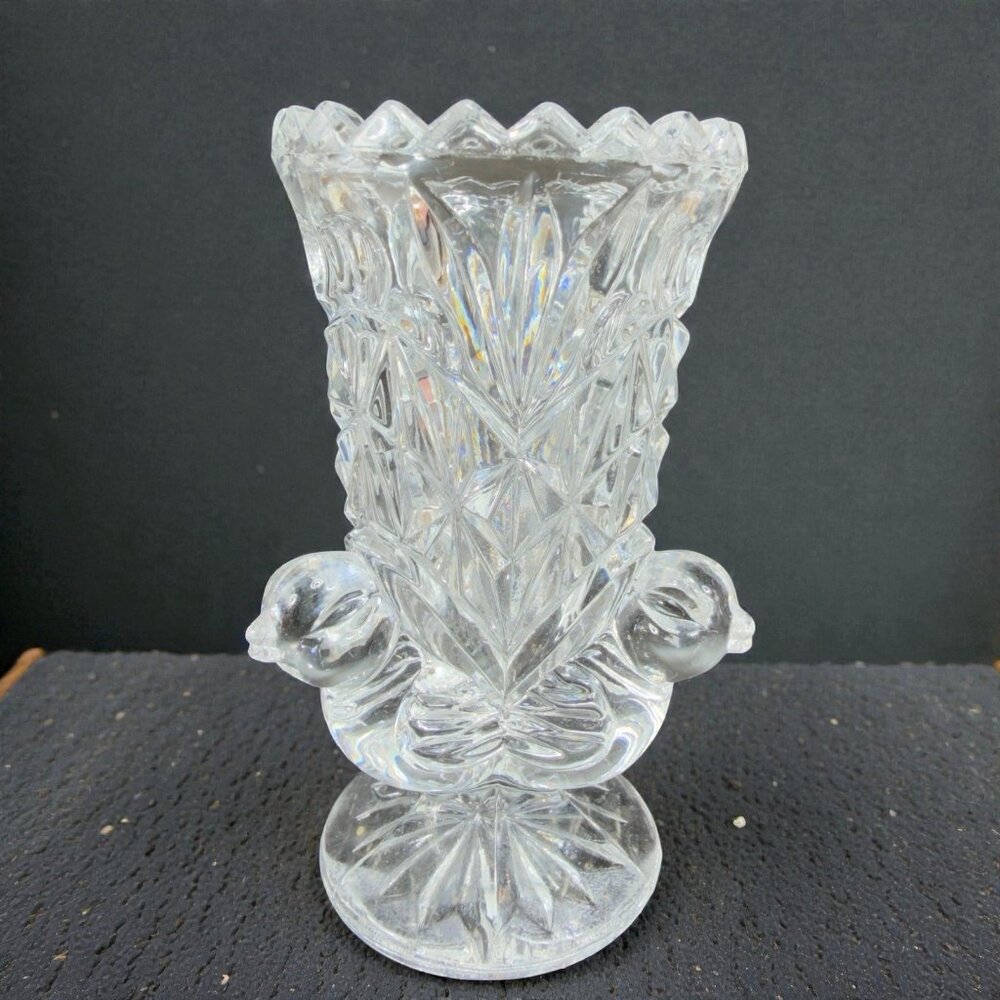 Vintage Hofbauer Clear Lead Crystal Bird Mini Vase Toothpick Holder‎ Birds VTG